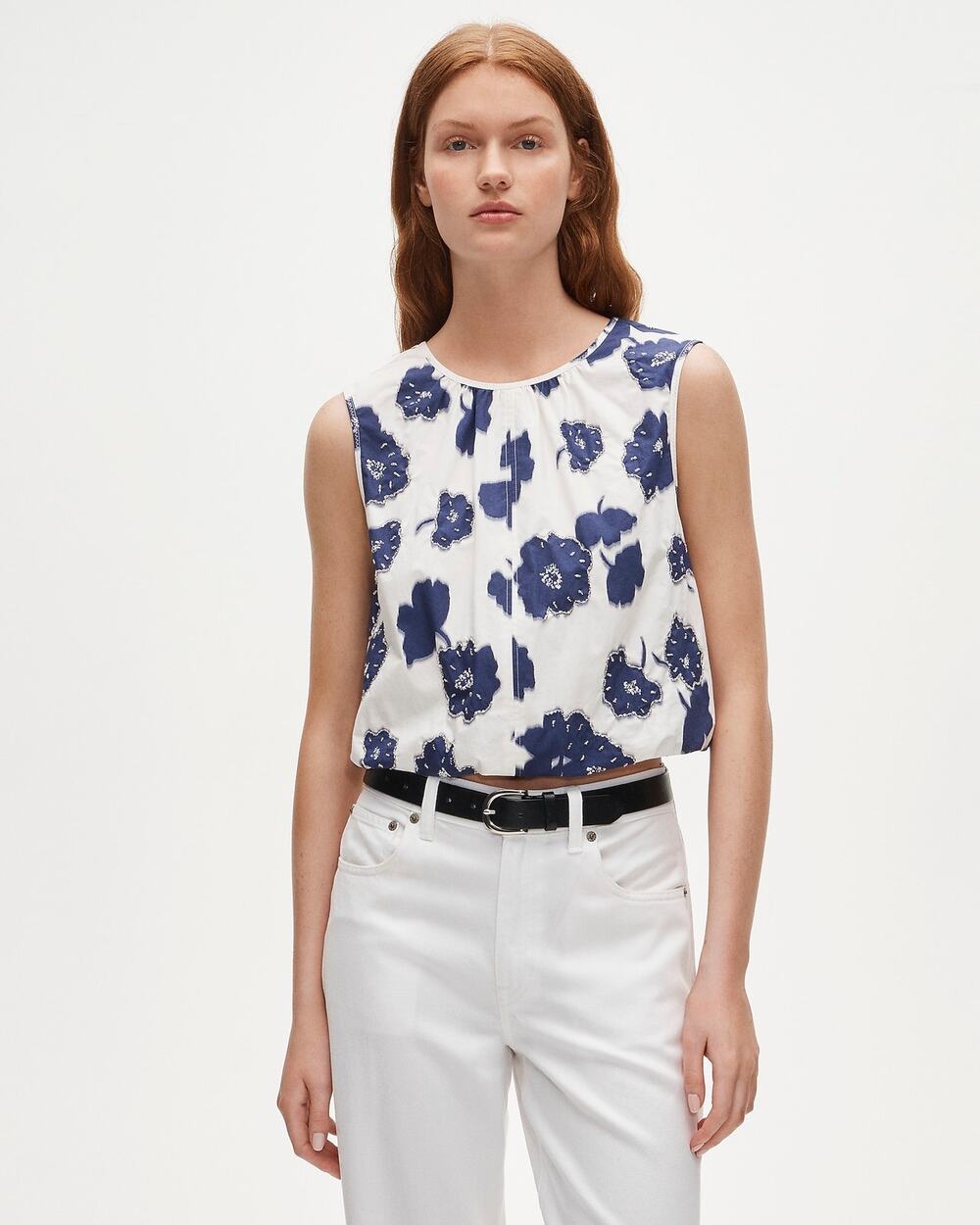 NWT J.Crew XS Blue White Floral Cropped Bubble Hem Sleeveless Tie Back Top